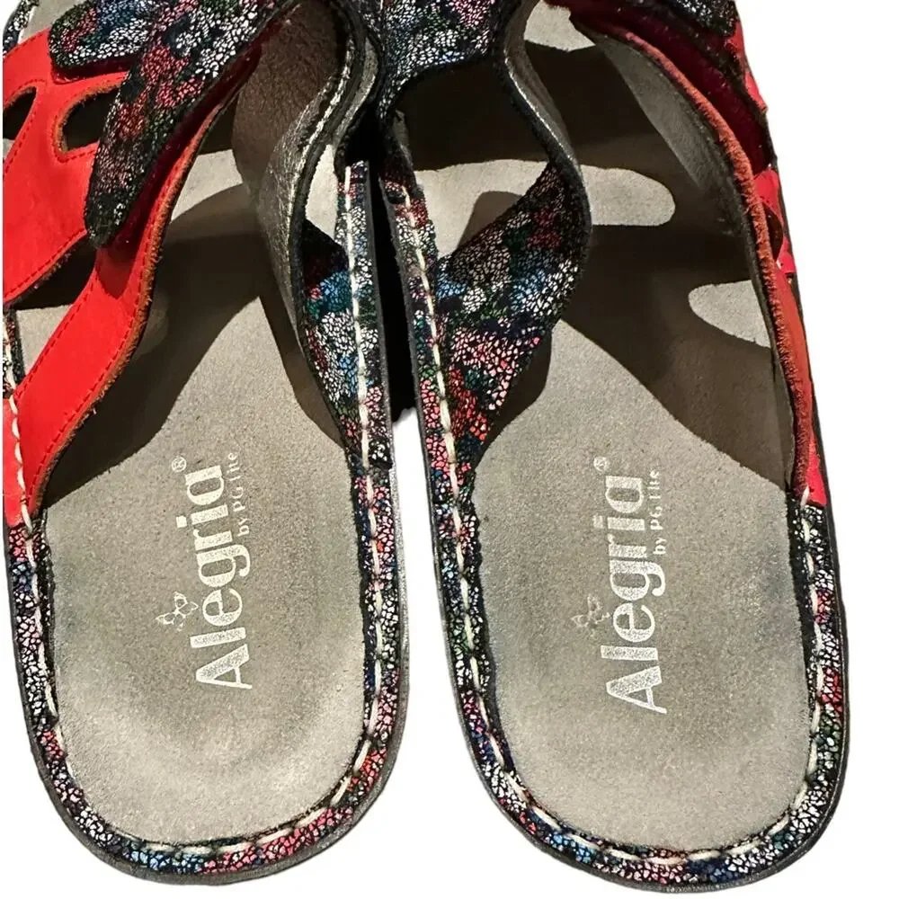 Alegria Womens 9.5 Coral and Navy Floral Platform Slide Sandals